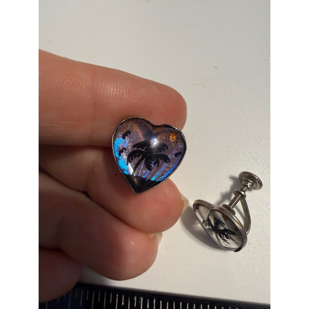 Vintage Morpho Butterfly Wing Heart Screw Back Earrings Palm Tree Tropical Scene